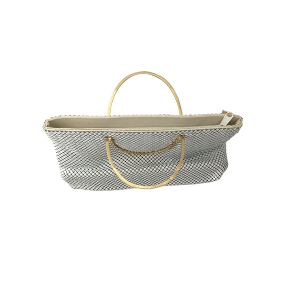 White Mesh Metal Purse Handbag Retro Bag Golden Framed Handle Vintage Accessory - Picture 3 of 11